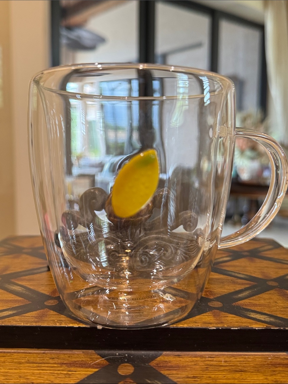 Anthropologie Clear Glass Mug with Yellow Lemon Accent